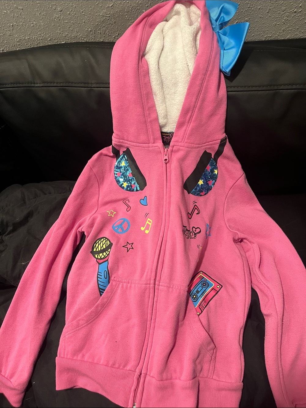 Girls' Pink Hooded Zip-Up Sweatshirt with Music Print